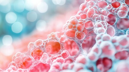 Poster - Abstract close-up of vibrant cells with intricate bubbles showcasing a blend of colors and textures in a surreal environment.