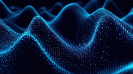 Poster - Abstract digital landscape with glowing blue waves and dots, representing data and technology innovation.
