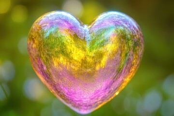 Poster - a vibrant heart-shaped bubble reflecting stunning colors against a blurred green background, symboli