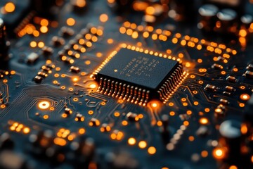 Poster - Close-up view of a microchip on a circuit board illuminated by glowing lights in a dark environment demonstrating advanced technology