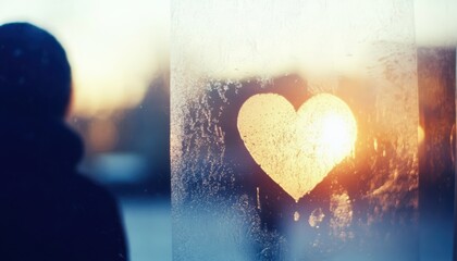 Poster - heart-shaped condensation on glass with a warm sunset in the background, evoking feelings of love an