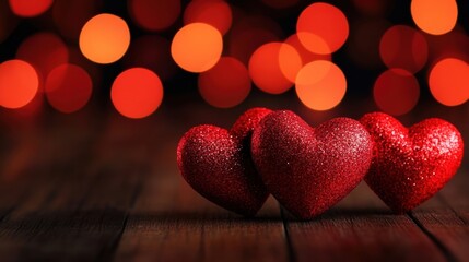 Poster - glittering red hearts on a wooden surface with a blurred bokeh background, perfect for valentine's d