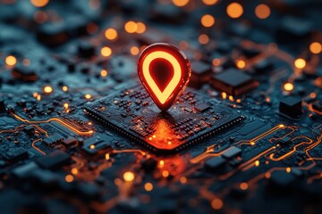 Poster - Bright location pin on a circuit board with glowing lights at night