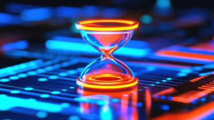 Poster - A glowing hourglass on a vibrant digital background, symbolizing the passage of time and technology's evolution.