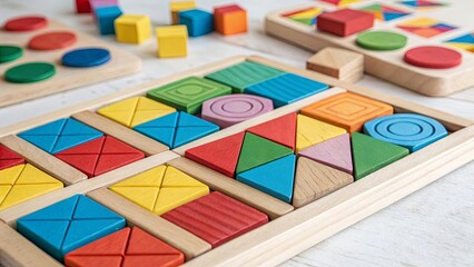 Aufkleber - A wooden toy with many different colored blocks
