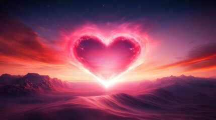 Poster - A stunning landscape featuring a luminous heart shape glowing in vibrant pink against a twilight sky and mountain backdrop.