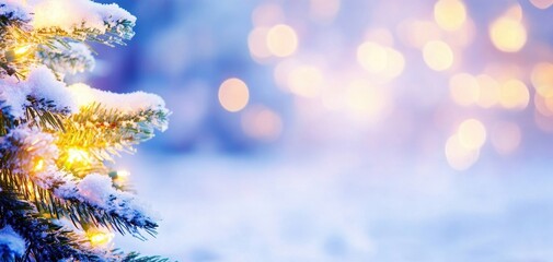 Poster - Sparkling Christmas tree adorned with snow and lights, creating a magical winter wonderland atmosphere.