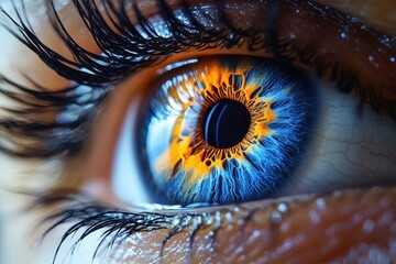 Poster - vivid close-up of a human eye showcasing striking blue and orange hues with intricate details and te