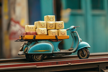 Canvas Print - A scooter train carrying tiny, smiling parcels from stop to stop