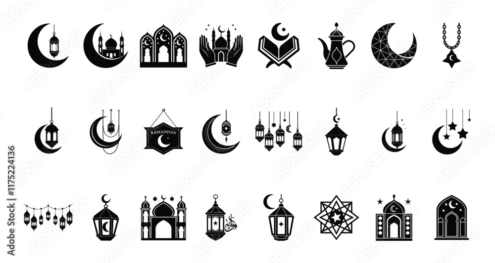 Islamic Ramadan prayer vector silhouette on clean white background ...