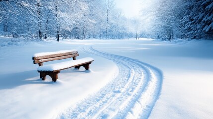 An inviting wooden bench, blanketed by freshly fallen snow, rests quietly in the tranquil winter landscape, offering a picturesque scene of serene solitude.