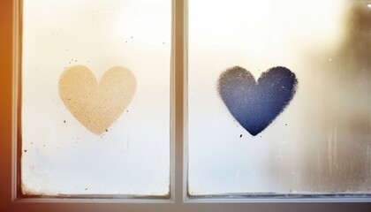 Poster - Two heart shapes on foggy glass symbolize love and connection, perfect for romantic or emotional themes.