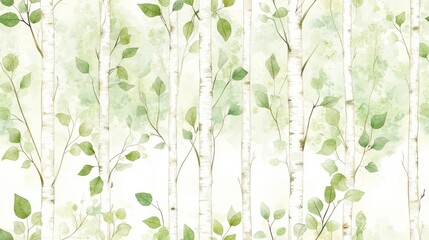 Poster - Soft and Serene Watercolor Birch Trees with Delicate Green Leaves in a Calm Natural Setting