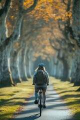 Wall Mural - Cyclist rides through serene tree-lined path, surrounded by autu