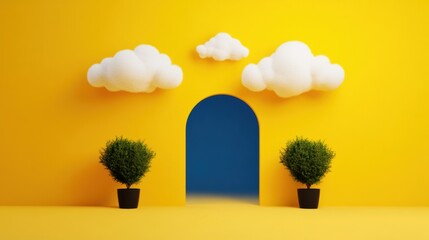 Sticker - Bright yellow wall with clouds, doorway, and green plants creating a cheerful, whimsical atmosphere.