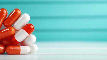 A pile of red and white capsules is stacked neatly against a teal background, symbolizing medicine, healthcare, and pharmaceutical concepts in a clean setup.