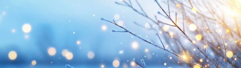 Poster - A serene winter scene featuring frosted branches and soft, blurred lights creating a magical atmosphere. Perfect for seasonal themes.