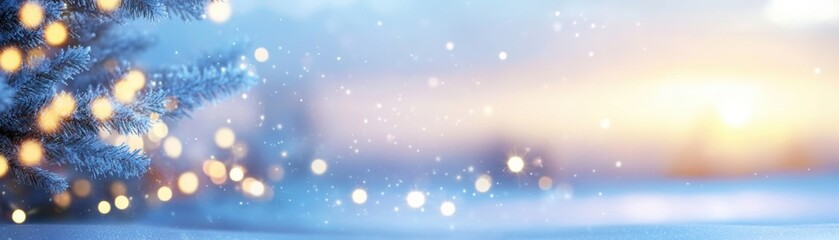 Poster - A serene winter landscape with snow, festive lights, and gentle snowfall creating a tranquil holiday atmosphere.