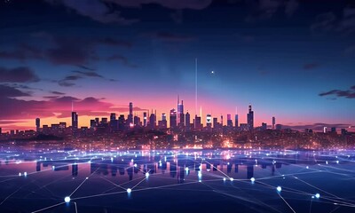 Aufkleber - Futuristic smart city skyline with glowing neon lights, modern skyscrapers, and a vibrant urban atmosphere. Perfect for innovation and technology themes.