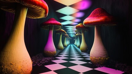 Colorful mushrooms line surreal corridor with vibrant lights and