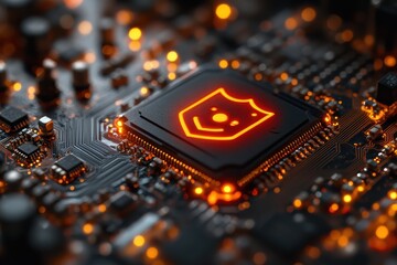 Poster - Close-up view of a circuit board with a glowing security shield emblem during evening light