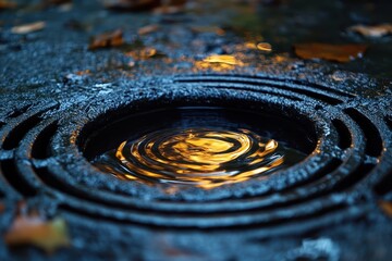 Poster - Rainwater creates ripples on a manhole cover illuminated by golden reflections in an urban setting during autumn