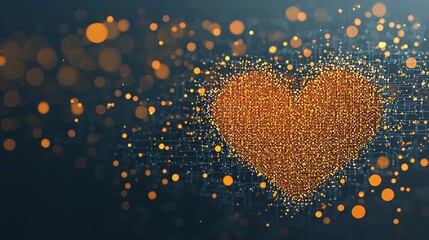 Poster - Heart made of computer code is surrounded by a blurry background. The heart is orange and he is glowing. Concept of technology and innovation, as well as a feeling of warmth and love