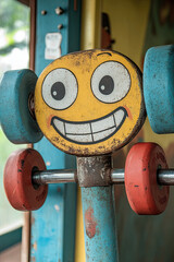 Wall Mural - a pull-up bar with a smile, lifting cartoon weights from its ends