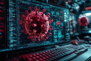 Poster - Digital representation of a virus displayed on a computer screen during a scientific research session at a laboratory