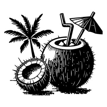 Vector silhouette Cartoon Illustration hand drawn Coconut Cocktail with Drinking Straw