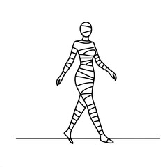 Poster - Line art of walking female figure wrapped in abstract bandage design, single line vector outline drawing