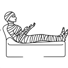 Poster - Minimalist line art of human figure wrapped in bandages resting on sofa, single line vector outline drawing