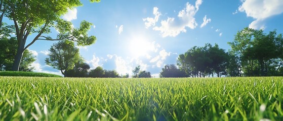 A serene landscape featuring lush green grass and a bright blue sky.