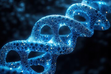 Poster - Close-up view of a glowing blue DNA strand in a dark background highlighting intricate details and molecular structures