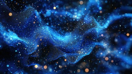 Wall Mural - colors blend seamlessly in a vibrant cosmic swirl with blues and golds while sparkling particles flo