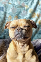 Wall Mural - dog caught mid-sneeze, with a squished face and closed eyes, looking adorable and funny