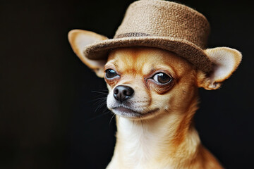 Wall Mural - chihuahua wearing a tiny hat with a proud but tiny grumpy face, symbolizing big personality