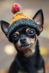 Wall Mural - chihuahua wearing a tiny hat with a proud but tiny grumpy face, symbolizing big personality
