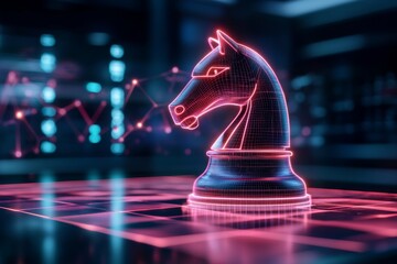 Poster - A 3D rendering of a futuristic chess knight, glowing with neon edges and placed on a holographic chessboard