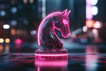 Poster - A 3D rendering of a futuristic chess knight, glowing with neon edges and placed on a holographic chessboard