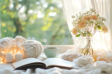 Poster - A cozy knitting corner by a large window, with natural light, soft cushions, organized yarns, and a cup of tea