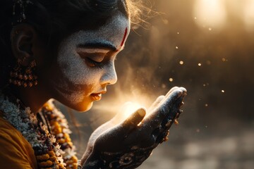 Fototapete - A divine moment of Krishna blessing a devotee, with his hand radiating light and the devotee bowing in devotion