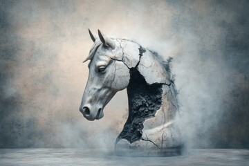 Poster - A hyper-realistic depiction of a marble chess knight, showing every detail of its carved mane, cracks, and texture under soft light