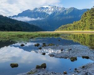 Poster - Serene mountain lake reflecting snow-capped peaks at dawn.