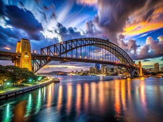 Wall Mural - Stunning 4K Timelapse of Sydney Harbour Bridge at Night, City Lights Reflecting on Water