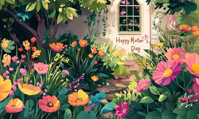 Wall Mural - A colorful garden with a sign that says Happy Mother's Day. The garden is full of flowers and trees, and there is a house in the background