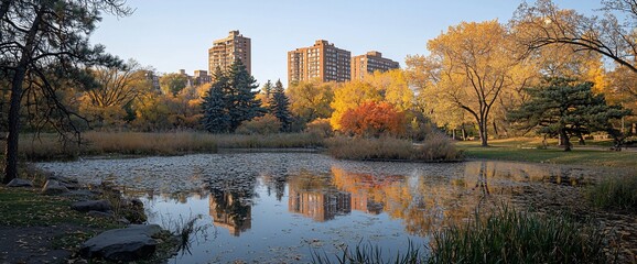 Sticker - Calm autumn pond reflecting city buildings and colorful foliage.