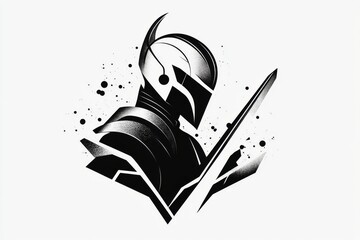 Poster - A simple silhouette of a knight holding a sword, with geometric shapes and a monochromatic palette