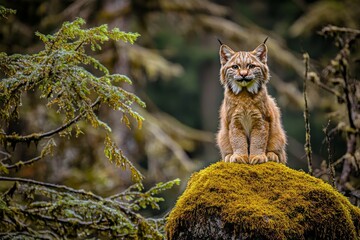 eurasian lynx sitting among orange leaves in a forest habitat