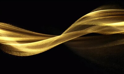 Wall Mural - A flowing golden wave with sparkling particles against a black background, evoking elegance and motion.